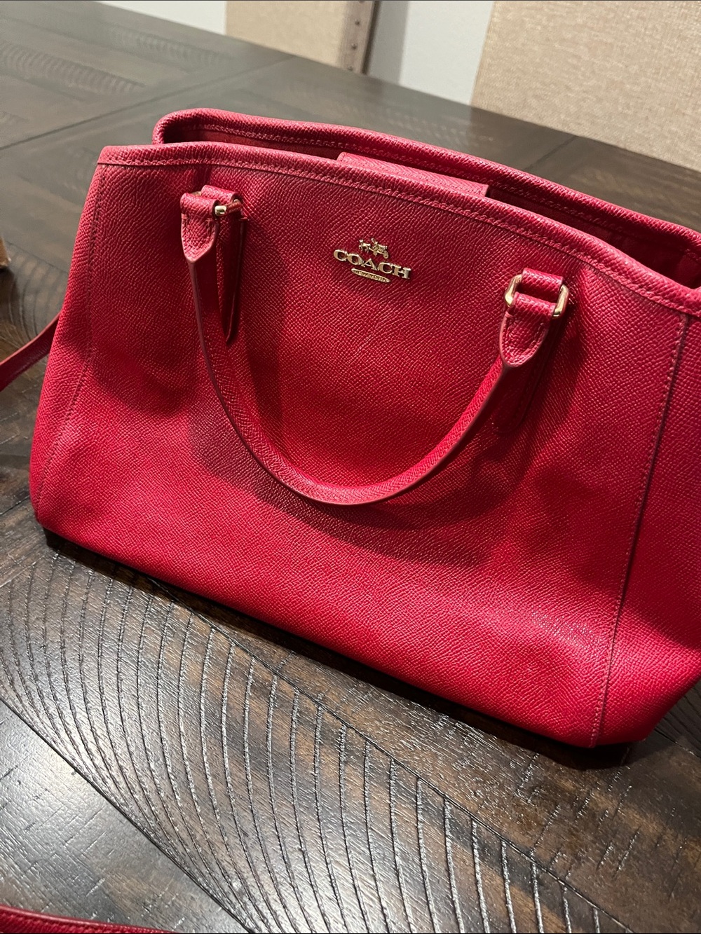 Coach Red Saffiano Leather Satchel with Gold Hardware